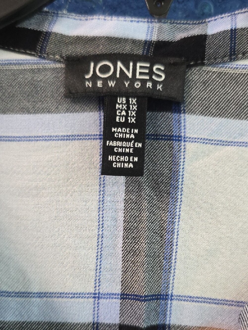 Jones New York White, Black and Light Blue Plaid Button-Front Shirt - Picture 2 of 6